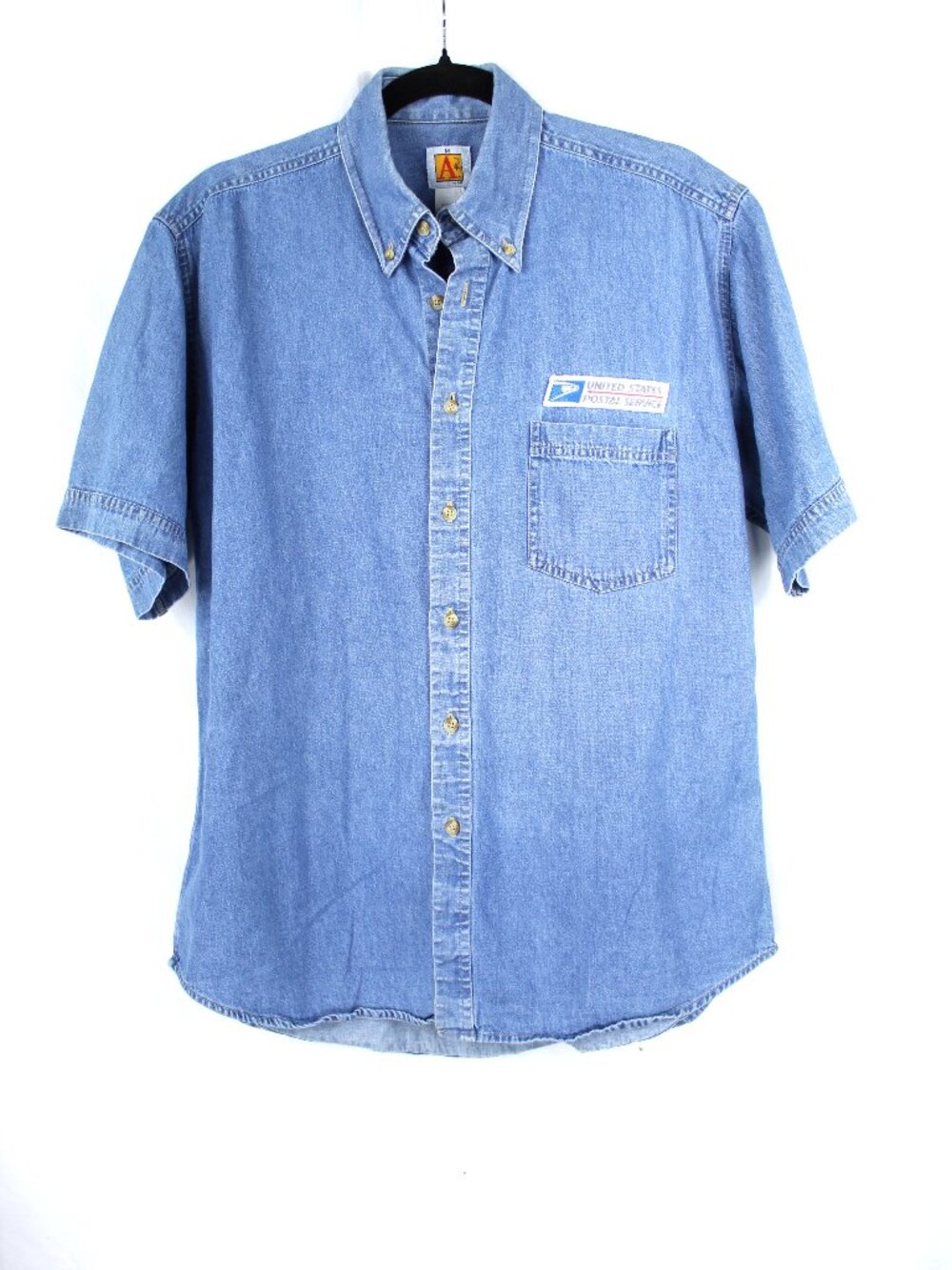 A+ Stonewashed Cotton Denim Button Down Short Sleeve USPS Patch Shirt Men's SZ M